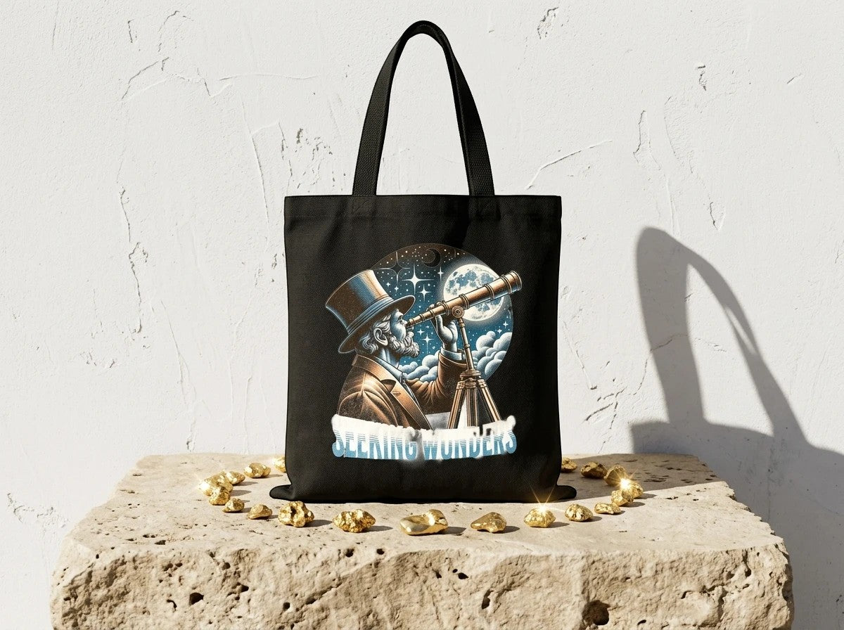 Sac cabas noir Essences Agape en toile de coton avec illustration d'un homme au chapeau haut-de-forme regardant les étoiles avec un télescope.