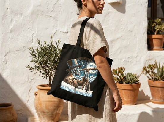 Sac cabas noir Essences Agape en toile de coton, illustrant un homme au chapeau haut-de-forme regardant la lune et les étoiles avec un télescope.