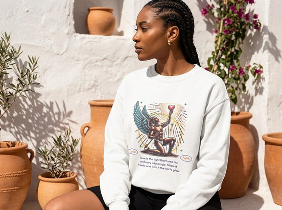 Sweatshirt blanc Essences Agape avec illustration d'un ange tenant un cœur lumineux, message "Love is the light...". Coton.