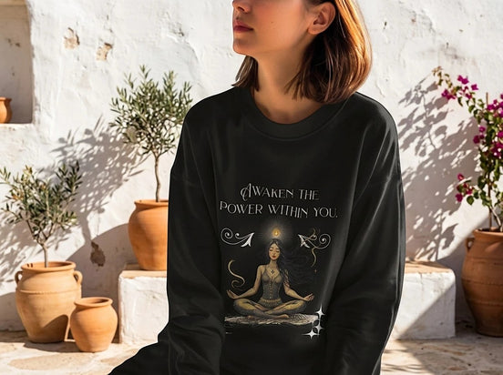 Sweatshirt noir Essences Agape avec inscription "Awaken the Power Within You" et illustration d'une femme méditant, coton.