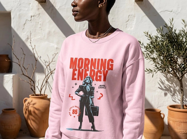 Sweatshirt rose pâle Essences Agape avec imprimé graphique "Morning Energy" et une femme d'affaires stylisée.