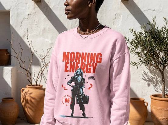 Sweatshirt rose pâle Essences Agape avec imprimé graphique "Morning Energy" et une femme d'affaires stylisée.