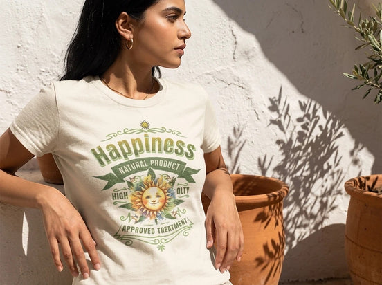 Tee-shirt blanc cassé en coton doux, avec un imprimé graphique "Happiness Natural Product" et un soleil souriant. Essences Agape.