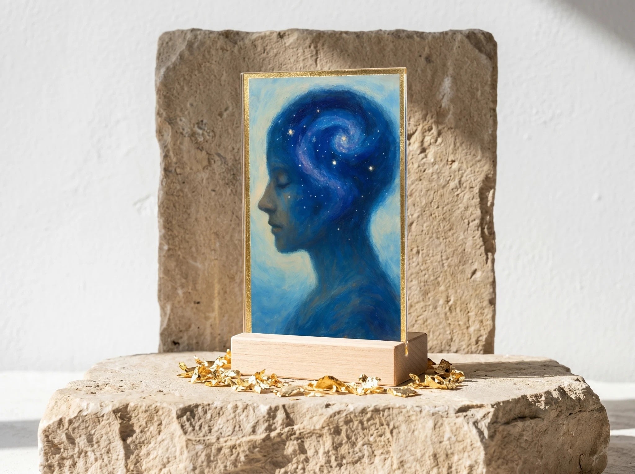 Essences Agape : Présentoir acrylique bleu représentant une tête de profil remplie d'une galaxie étoilée, sur un support en bois clair.