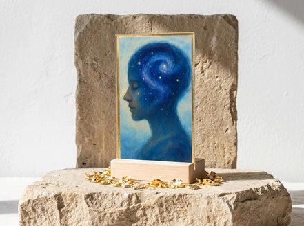 Essences Agape : Présentoir acrylique bleu représentant une tête de profil remplie d'une galaxie étoilée, sur un support en bois clair.