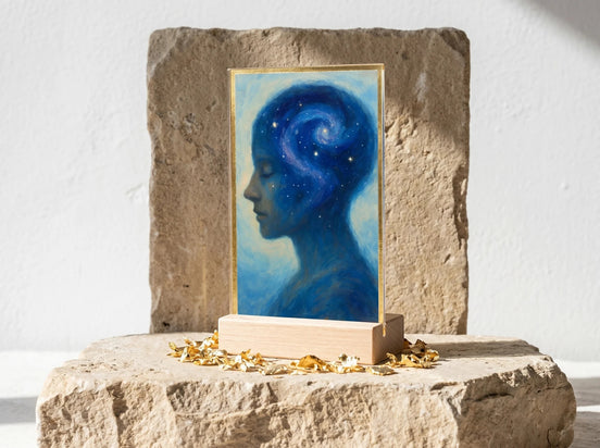Essences Agape : Présentoir acrylique bleu représentant une tête de profil remplie d'une galaxie étoilée, sur un support en bois clair.