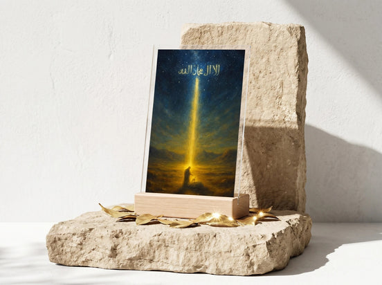 Essences Agape - Présentoir islamique en acrylique avec calligraphie arabe dorée, rayon de lumière céleste sur une silhouette en prière, support en bois clair.
