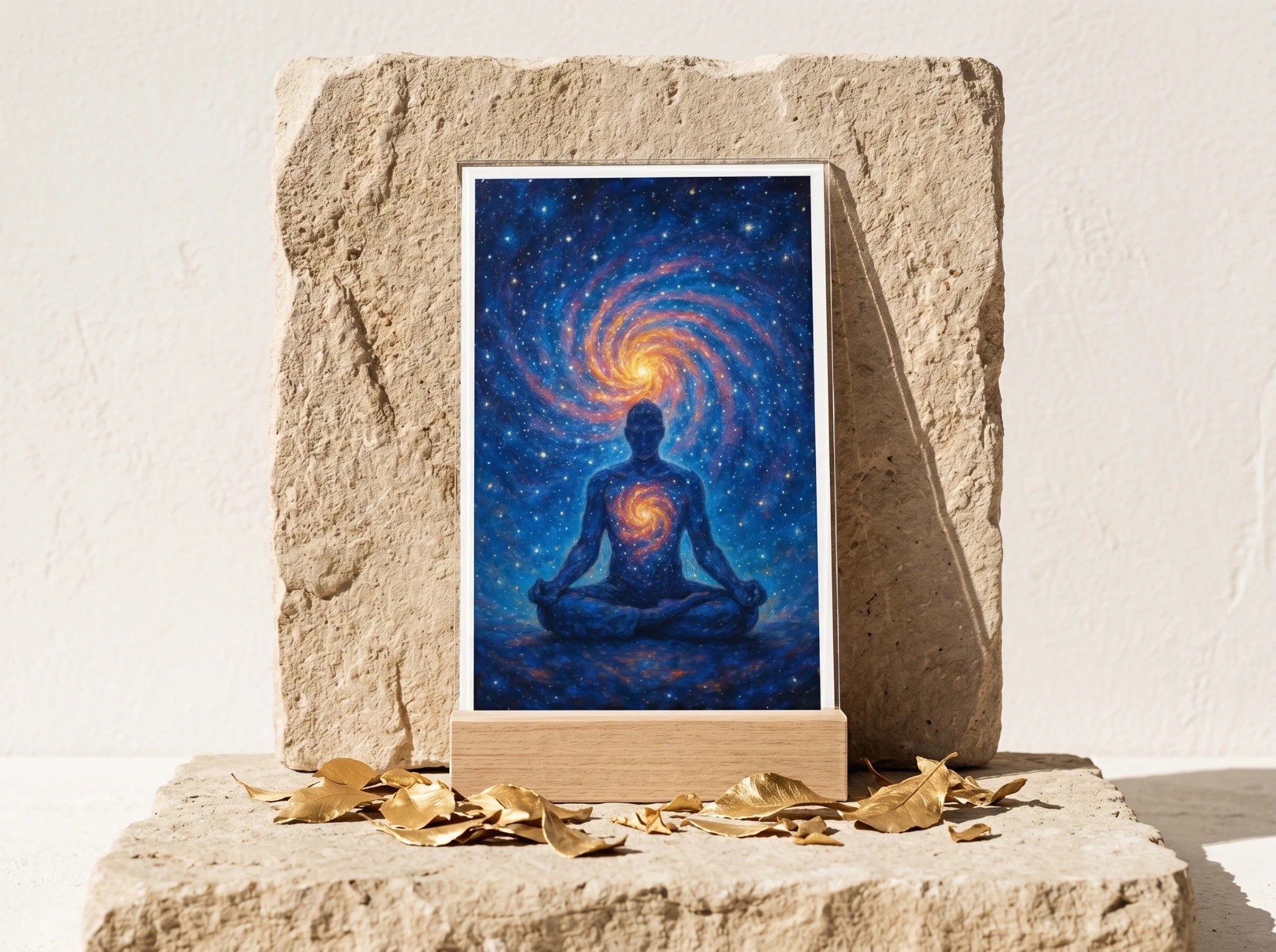 Essences Agape : tableau ésotérique bleu et doré, homme en méditation, univers cosmique, chakras, art spirituel.