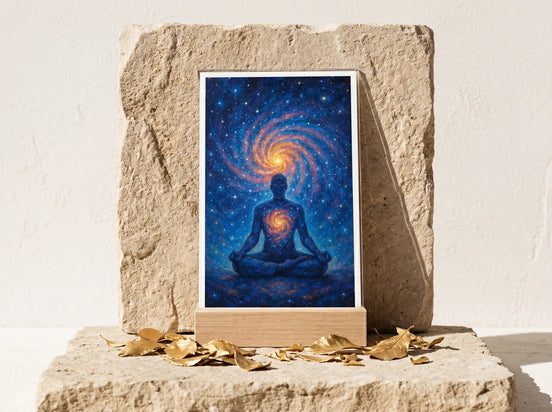 Essences Agape : tableau ésotérique bleu et doré, homme en méditation, univers cosmique, chakras, art spirituel.
