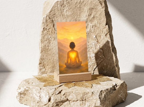 Essences Agape : tableau méditation lever de soleil, personne assise en lotus, cœur lumineux, paysage montagneux, couleurs chaudes, art spirituel.