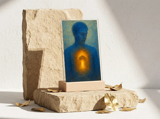 Essences Agape - Tableau spirituel bleu et doré d'un homme avec un temple intérieur, art acrylique sur support bois clair.