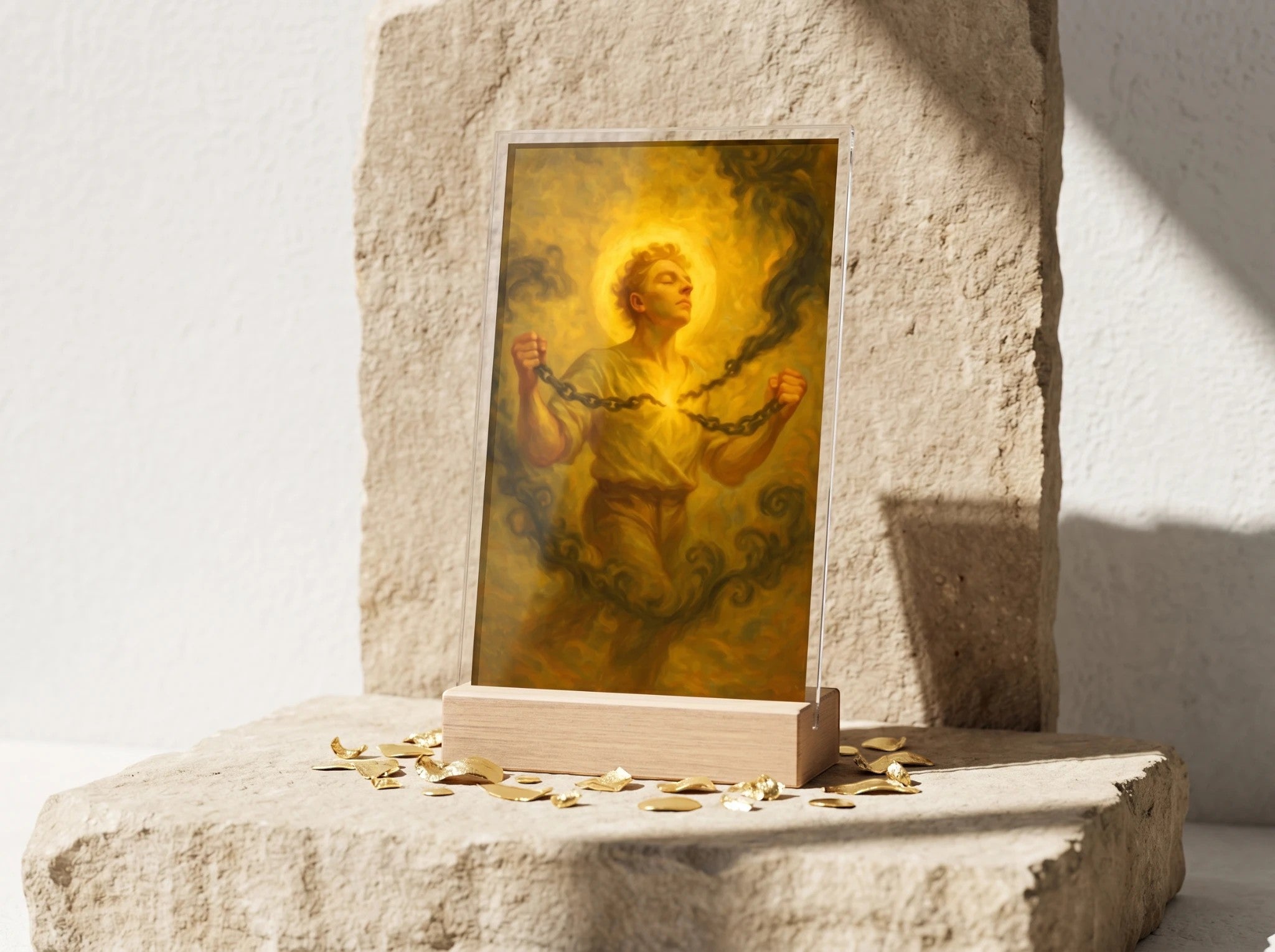 Essences Agape : tableau spirituel acrylique sur support bois, homme brisant des chaînes, symbolisant la force et la libération.