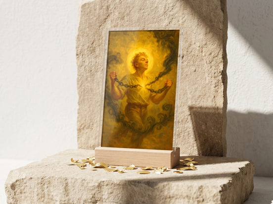 Essences Agape : tableau spirituel acrylique sur support bois, homme brisant des chaînes, symbolisant la force et la libération.