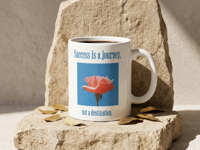 Tasse à café blanche Essences Agape avec citation "Success is a journey, not a destination" et une rose sur fond bleu.