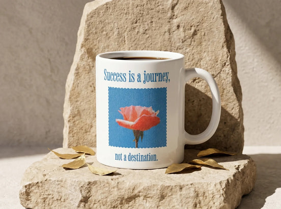 Tasse à café blanche Essences Agape avec citation "Success is a journey, not a destination" et une rose sur fond bleu.