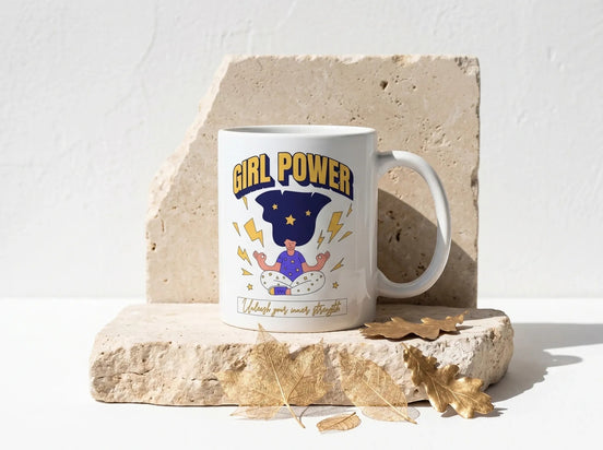 Tasse blanche Essences Agape avec inscription "Girl Power" et illustration d'une femme méditant, symbolisant la force intérieure et la positivité.