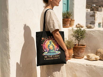 Essences Agape tote bag noir en coton avec un design de Bouddha méditatif et le message "Be the Light Around You".