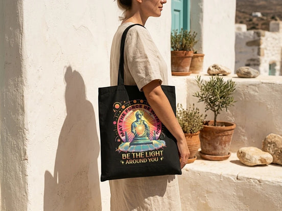 Essences Agape tote bag noir en coton avec un design de Bouddha méditatif et le message "Be the Light Around You".