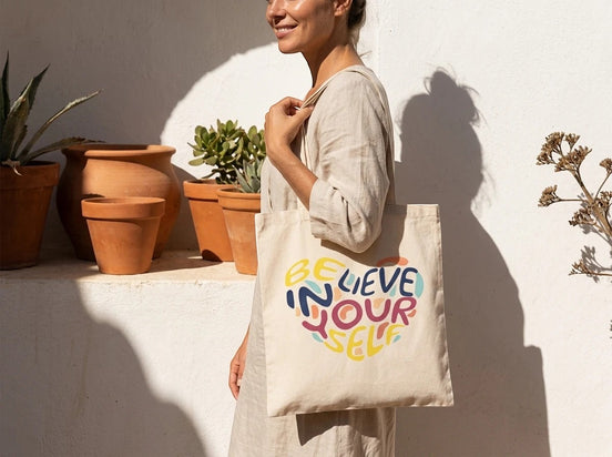 Essences Agape tote bag en coton beige avec un cœur coloré "Believe in Yourself" pour le quotidien.