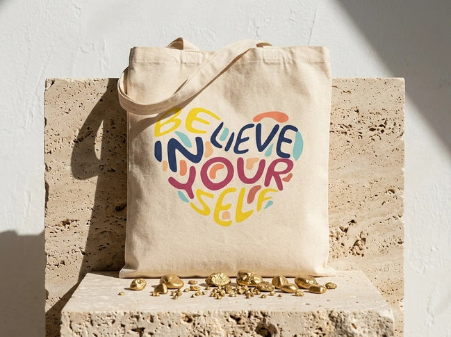 Tote bag Essences Agape en coton beige avec un cœur coloré "Believe in Yourself" pour le travail, les courses ou les loisirs.