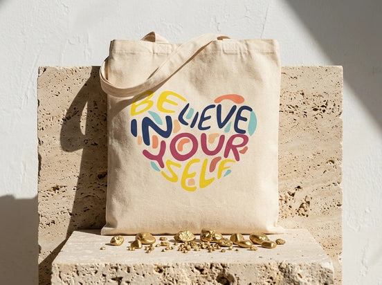 Tote bag Essences Agape en coton beige avec un cœur coloré "Believe in Yourself" pour le travail, les courses ou les loisirs.
