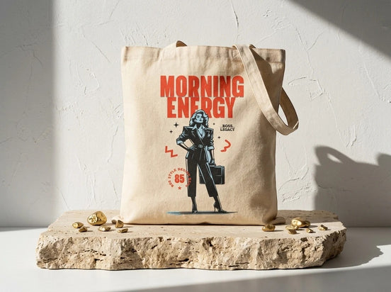 Tote bag en toile de coton beige Essences Agape avec illustration "Morning Energy" et une femme d'affaires stylisée.
