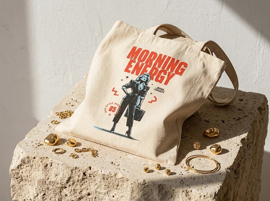 Tote bag en toile de coton beige Essences Agape avec illustration "Morning Energy" et une femme d'affaires stylisée.