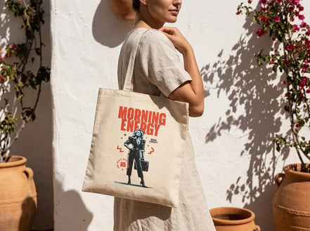 Tote bag en coton beige Essences Agape avec illustration "Morning Energy" d'une femme d'affaires déterminée, idéal pour les courses.