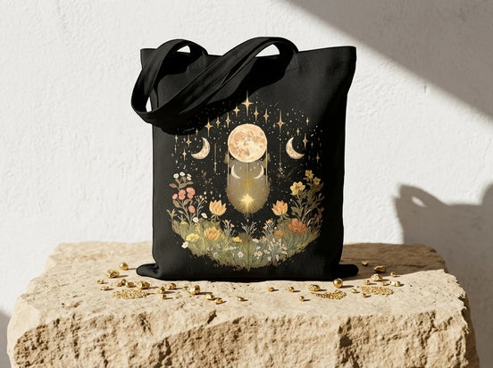 Sac fourre-tout noir Essences Agape avec un motif de lune, de croissants de lune, d'étoiles et de fleurs colorées. Toile de coton.