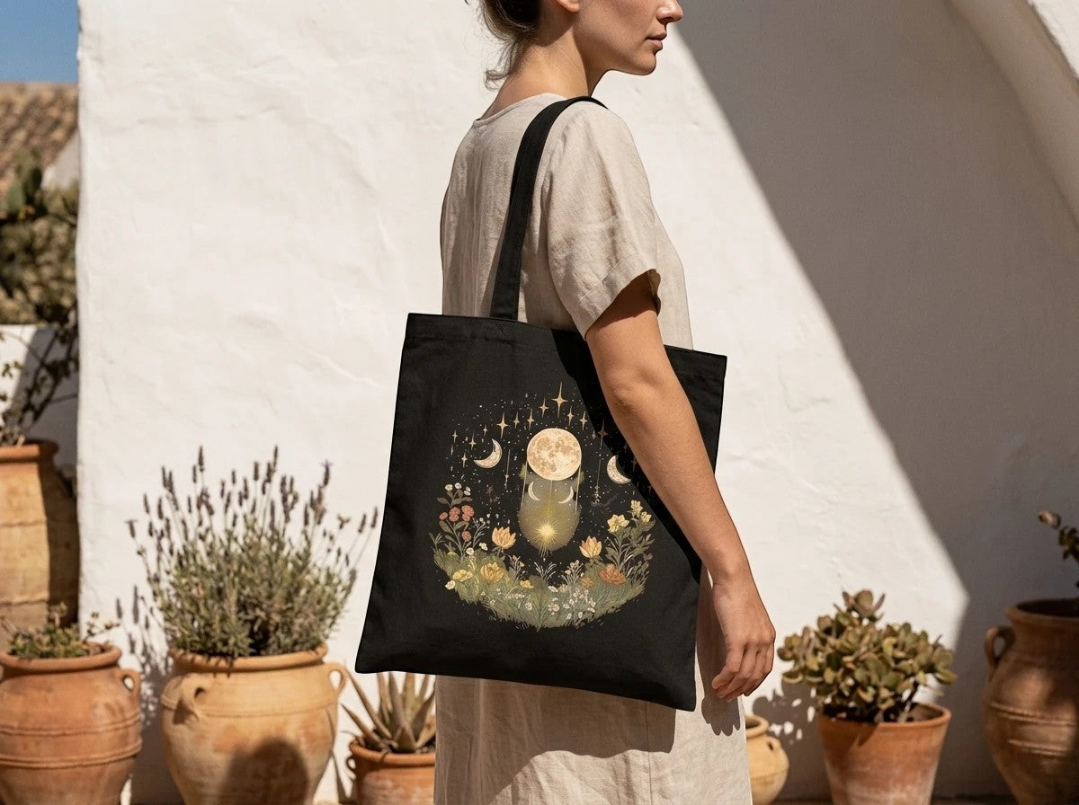 Tote bag noir Essences Agape avec un motif de lune, étoiles et fleurs, style poétique et spirituel.
