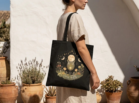 Tote bag noir Essences Agape avec un motif de lune, étoiles et fleurs, style poétique et spirituel.