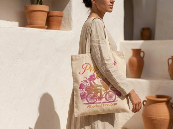 Sac cabas en coton écru Essences Agape avec un motif rétro d'une femme à vélo, message "Peace & Wheels of Freedom".