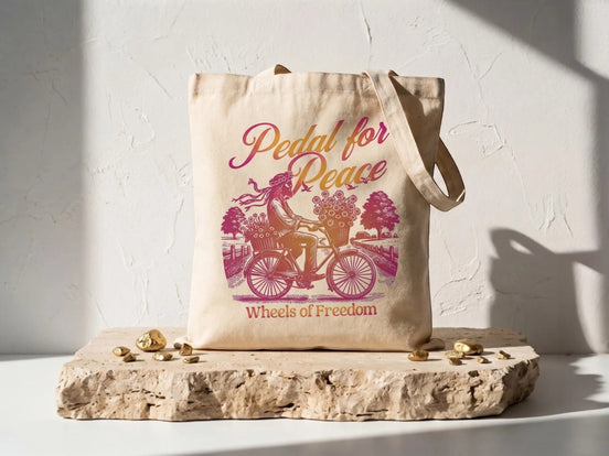 Essences Agape tote bag en coton écru avec illustration rétro d'une femme à vélo, message "Pedal for Peace" et "Wheels of Freedom".