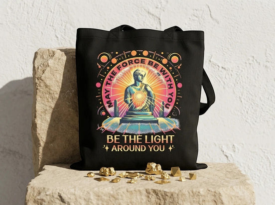 Tote bag noir en coton Essences Agape avec un design psychédélique inspirant "Be the Light Around You" et une figure méditative.