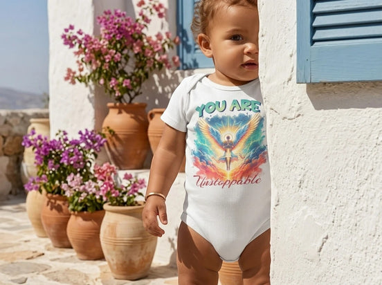 Body blanc à manches longues pour bébé, avec un imprimé d'archange coloré et le message "You Are Unstoppable". Coton doux, idéal pour les peaux sensibles.