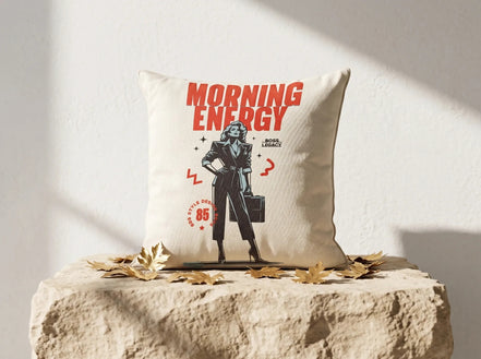 Coussin décoratif Essences Agape en coton écru, avec illustration d'une femme d'affaires en tailleur noir, texte 'Morning Energy' et 'Boss Legacy'.