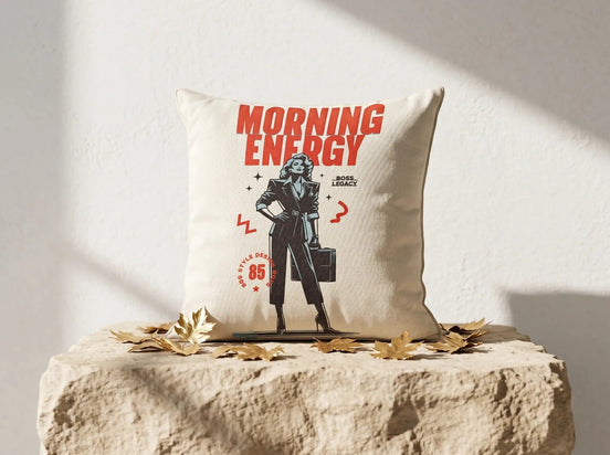Coussin décoratif Essences Agape en coton écru, avec illustration d'une femme d'affaires en tailleur noir, texte 'Morning Energy' et 'Boss Legacy'.