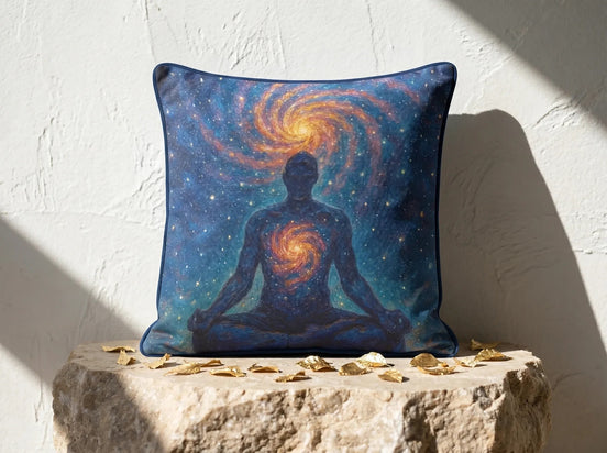 Coussin carré bleu nuit avec motif homme méditant dans une galaxie, symbolisant l'énergie universelle. Housse 100% coton.