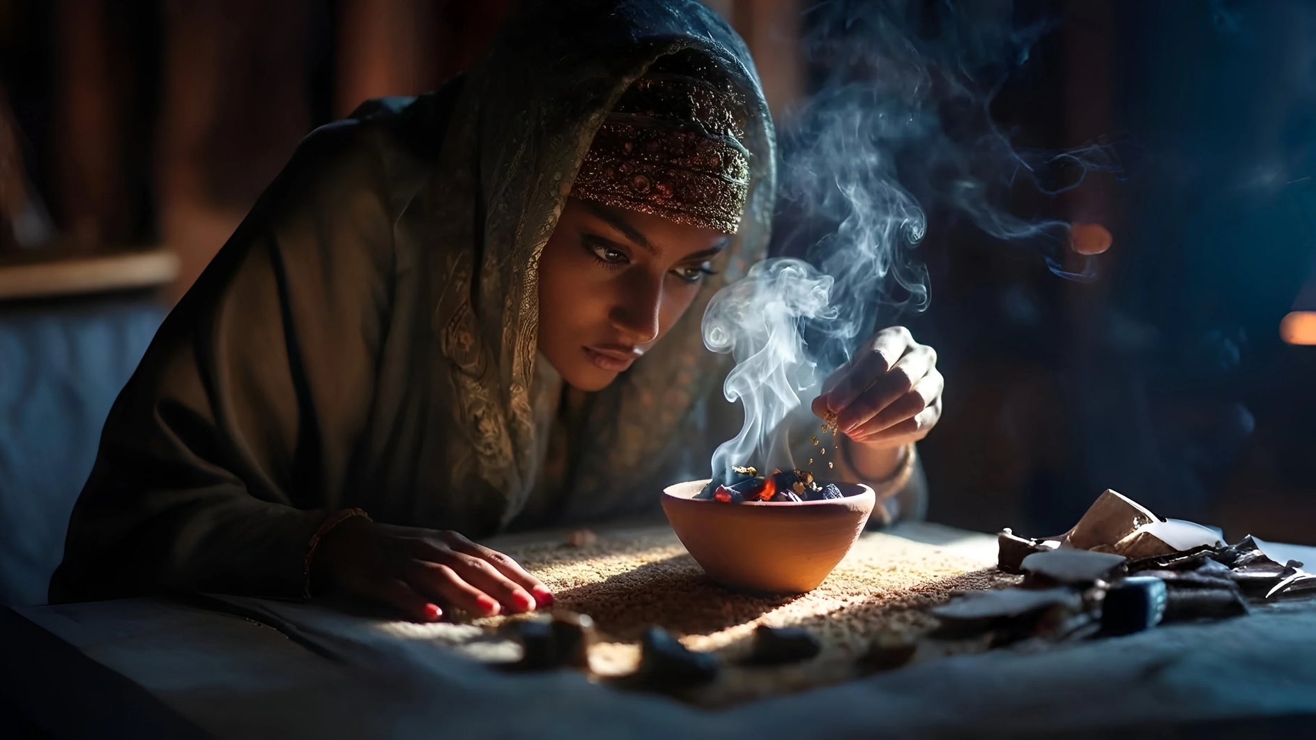 modele meditant devant des encens bakhoor brulant 